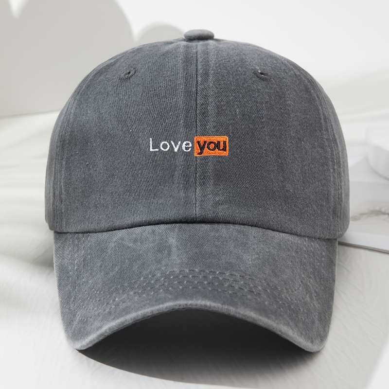 1pc Love You Embroidered Baseball Cap Vintage Gray Adjustable Fit Sun Protection Polyester