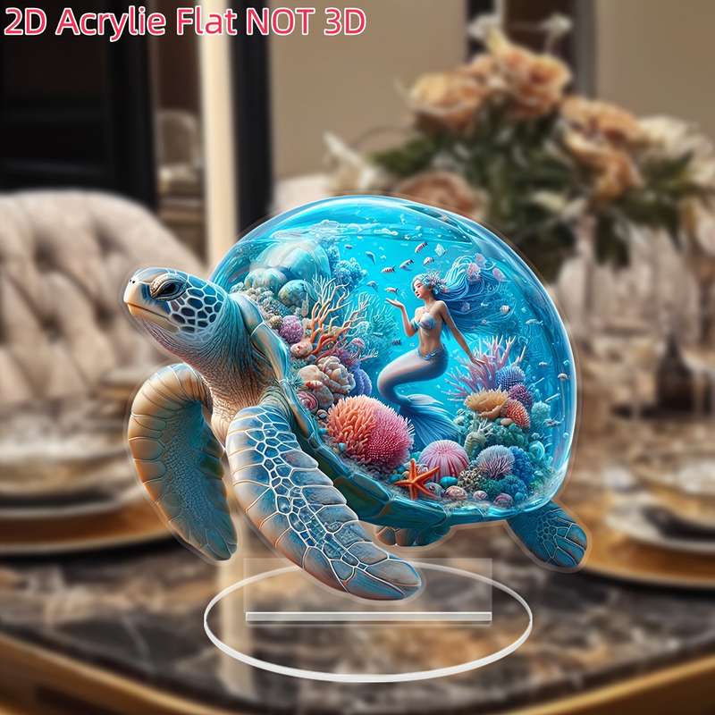 1pc 2D Flat   Bohemian Style  Acrylic Turtle Statue with Oceanic Mermaid Design Colorful Des