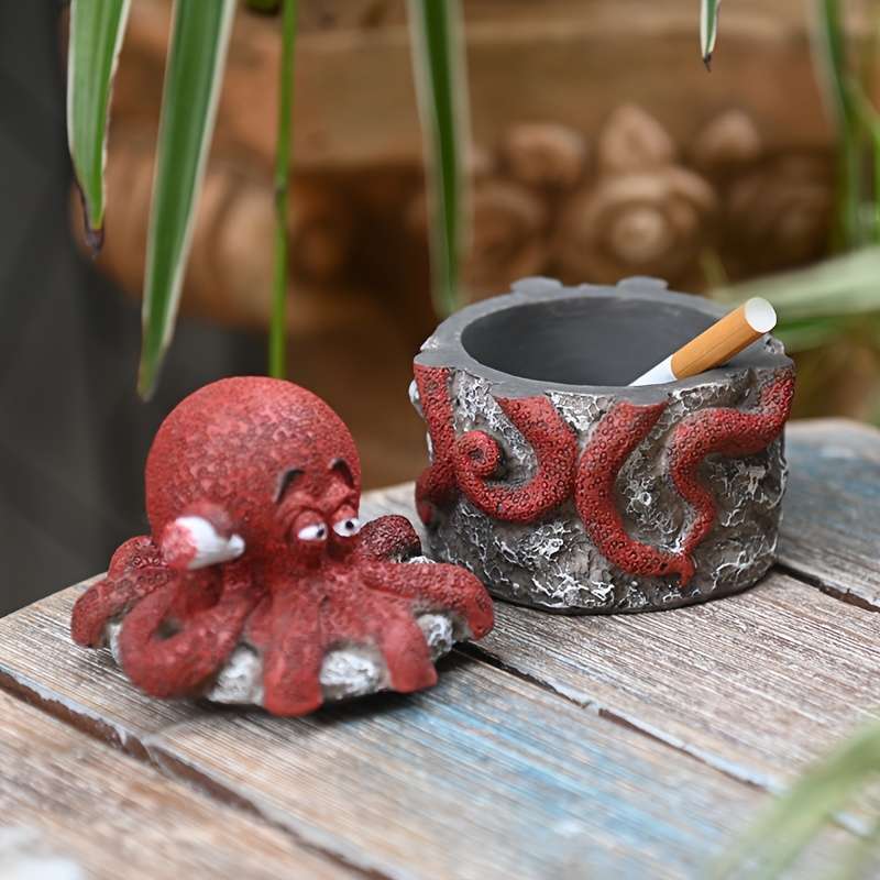 1pc Whimsical Octopus Statue with Lid Windproof Resin Ashtray for Indoor Outdoor Decor Perfect f