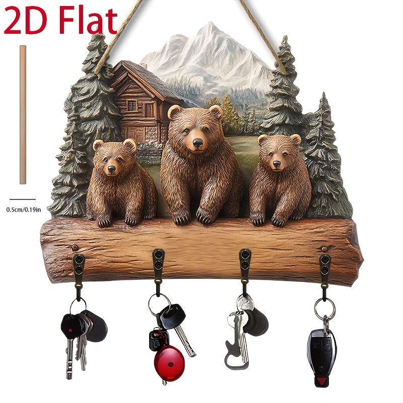 2D Flat 1pc Bear Family Simple Colorful Wooden and Home Key Hanger with Four Metal Hooks 2D Flat W