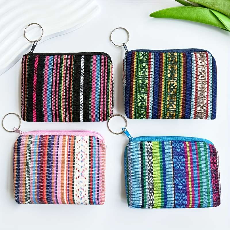 1pc Boho-Chic Retro Striped Canvas Zipper Wallet Lightweight Clutch with Coin Pocket Multifuncti