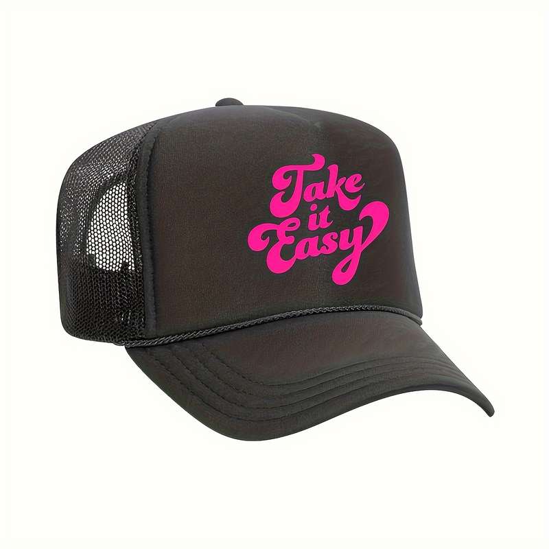 1pc Take It Easy Printed Baseball Cap Breathable Adjustable Trucker Hat with Rope Summer Fashio