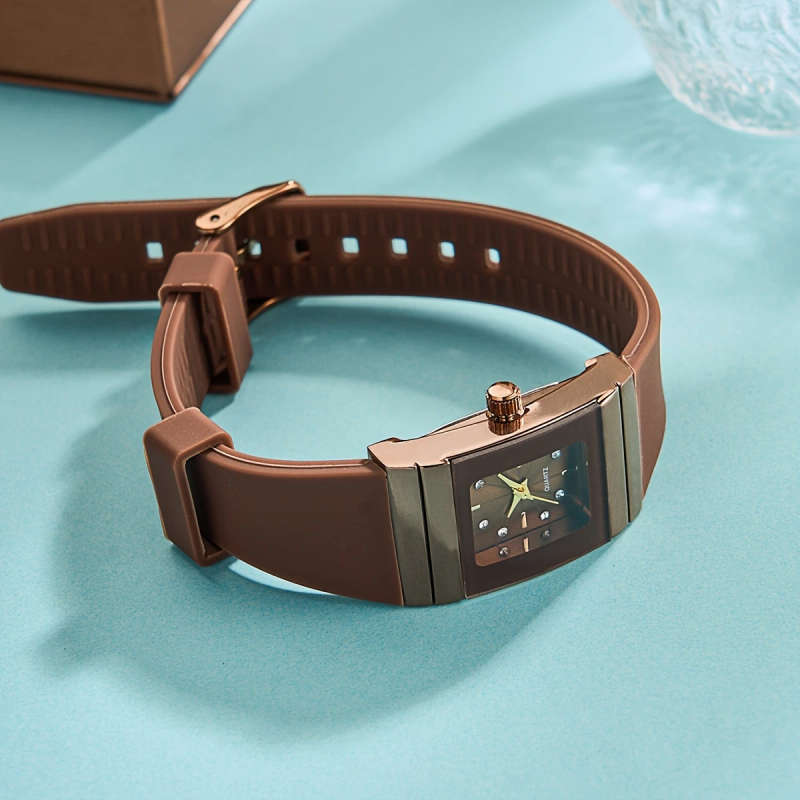 1pc Simple Style Women's Square Quartz Wrist Watch with Silicone Band and Zinc Alloy Case Non- Butto
