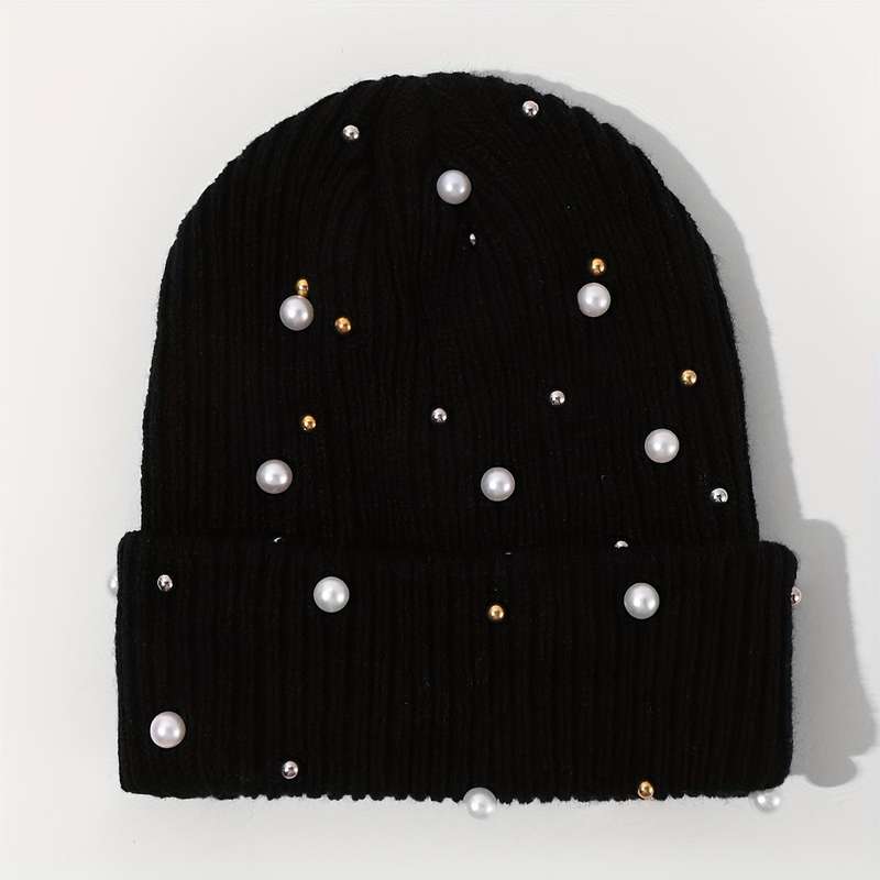 1pc of Women'S Fashion Pearl Decorated Knitted Hat Without Brim Suitable for Autumn And Winter