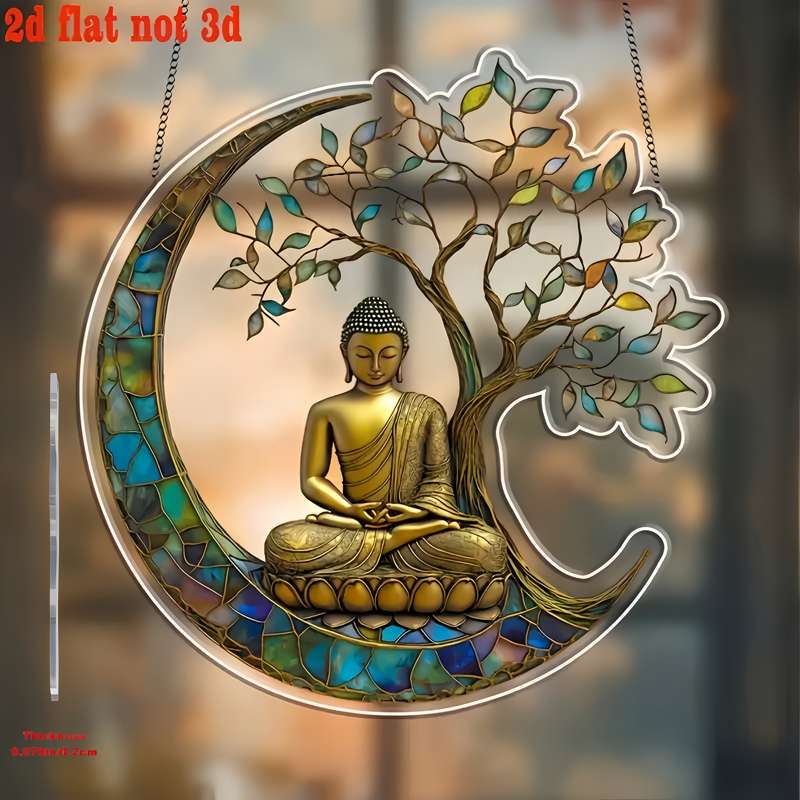 1pc 2D Flat  Vintage Buddha Suncatcher  Acrylic Stained Glass Window Hanging Decor 19.99cm x 2