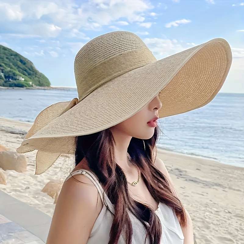 1pc Women's Extra Large Brim Summer Hat Foldable Anti-UV Protection Beach Hat With Ribbon Bow