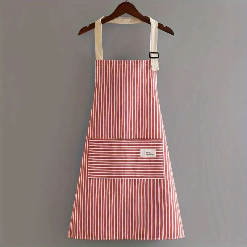 1pc Striped Polyester Apron with Pockets Breathable Waterproof Oil-Resistant Adjustable Neck Strap f