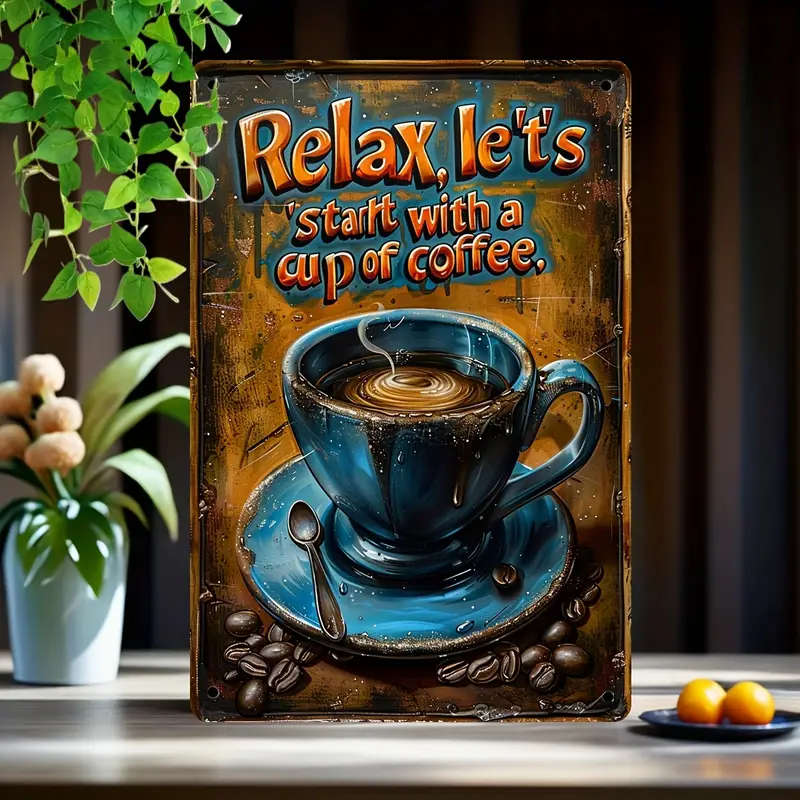 1pc Quirky Find Relaxation Starts with a Cup of Coffee Vintage Metal Tin Sign 20.32cm x 30.48cm Perf