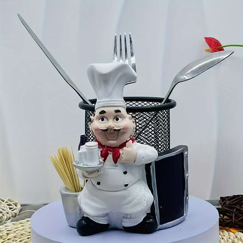 1pc Chef-Themed Resin Metal Toothpick Holder with Knife and Fork Storage Cartoon Chef Desig