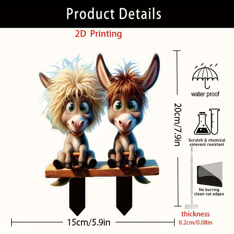 1pc 2D Flat   Plane Cute Donkey Garden Insert Card Bohemian Style Acrylic Outdoor Decoration Su