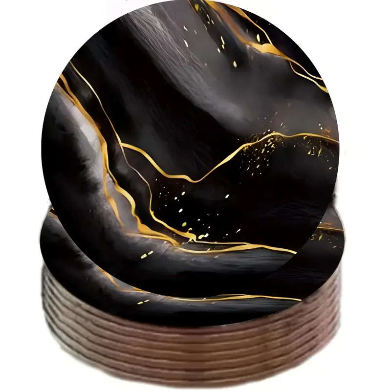 1Set of 6 Black And Golden Marble-Patterned Wooden Coasters Heat-Resistant And Perfect for Home Use