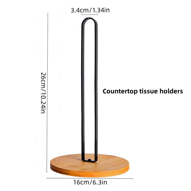 1pc Black Bamboo Kitchen Paper Towel Holder Vertical Storage Rack for Countertop Metal Tiss