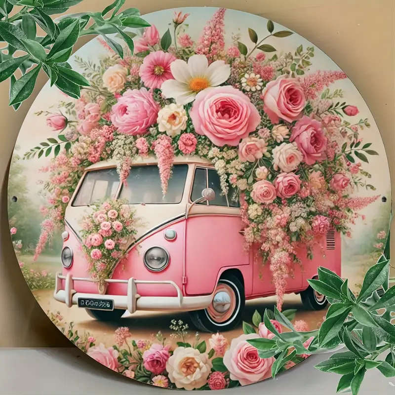 1pc Vintage Pink Van with Floral WreathAIron Wall Art Sign 1 Piece Durable and Easy to Hang Ideal fo
