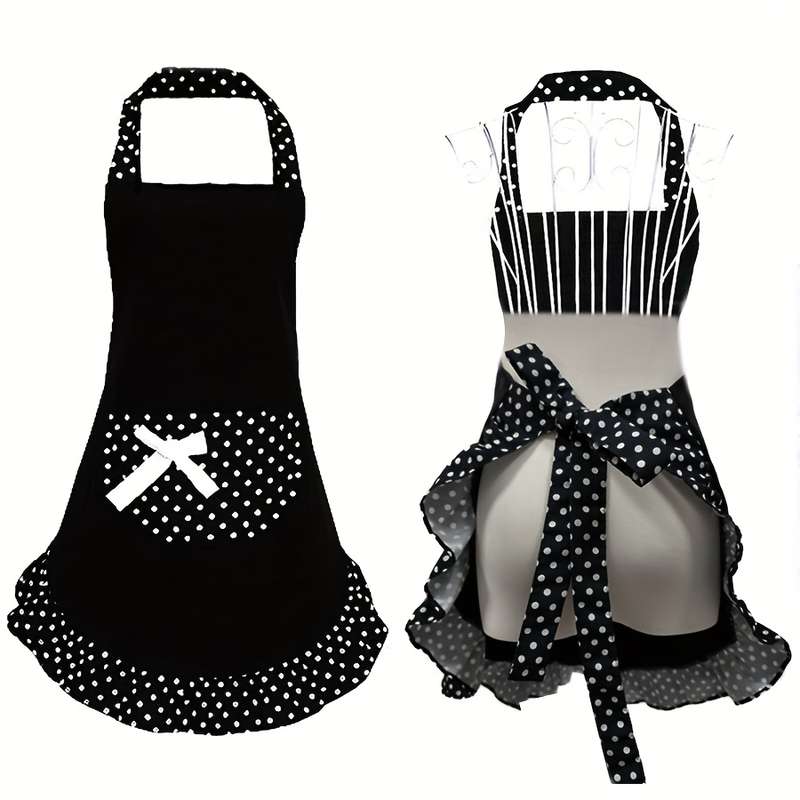 1pc Retro Polka Dot Apron with Ruffle Hem Large Pockets Black and White Vintage Kitchen Ba