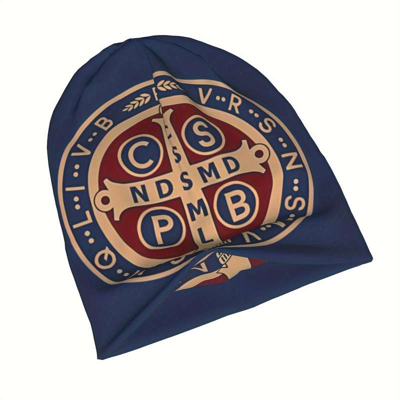 1pc Men's Saint Benedict Medal Print Skull Cap Royal Style Polyester Knit Beanie with Elastane Str
