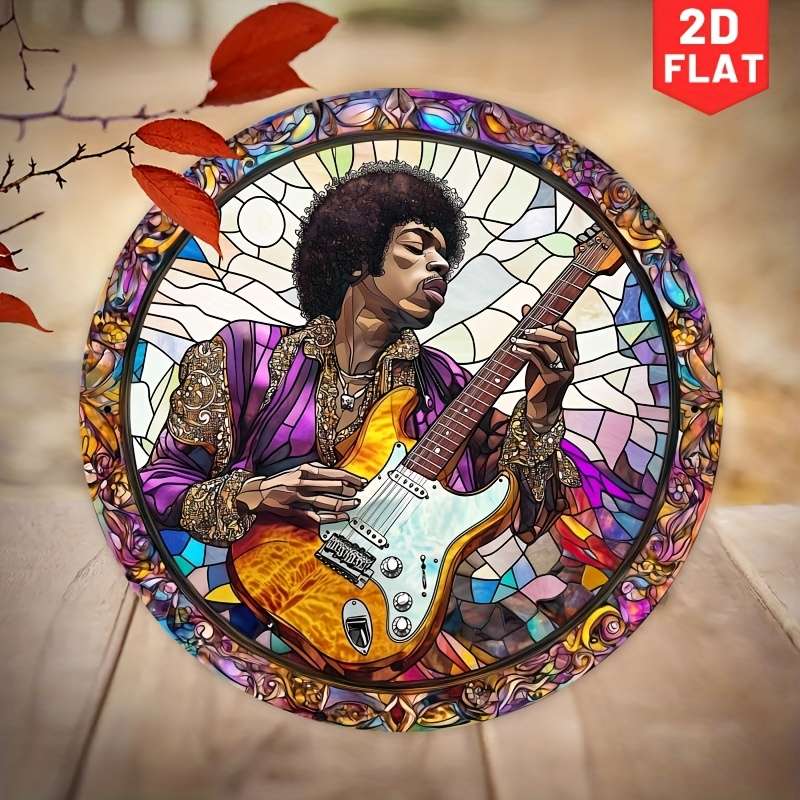 1pc 2D Flat Vintage Guitarist Metal Wall Art 19.99cm Round Iron Sign with Stained Glass Design