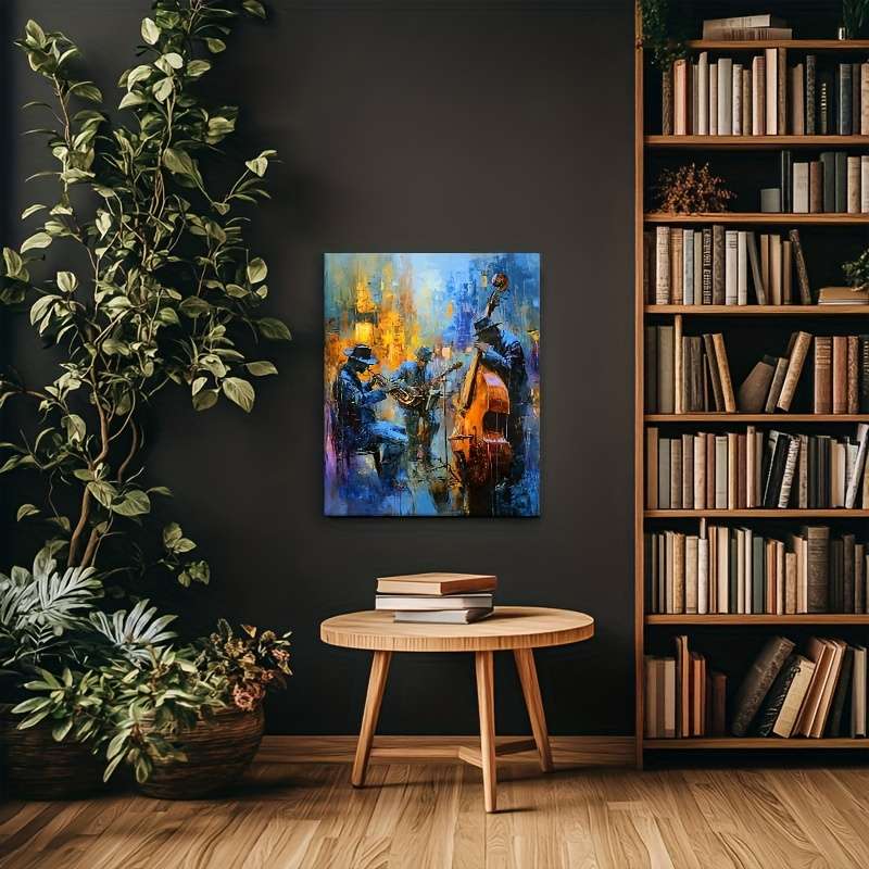 1pc Vibrant Jazz Musicians Canvas Art 30.48x40.64 cm Framed Wall Decor with Wooden Frame Blue