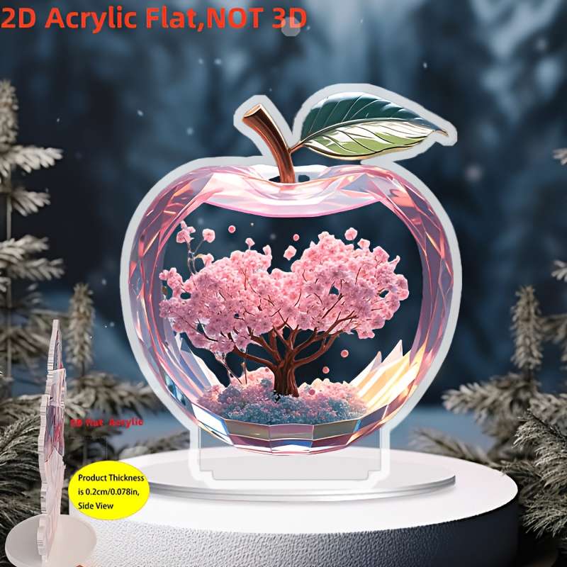 1pc 2D Flat    Acrylic Apple Shape Ornament with Sakura Design Transparent Pink Flower