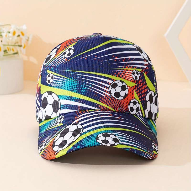 1pc Youth Soccer-Themed Navy Blue Baseball Cap Vibrant Soccer Ball Football Design Breatha