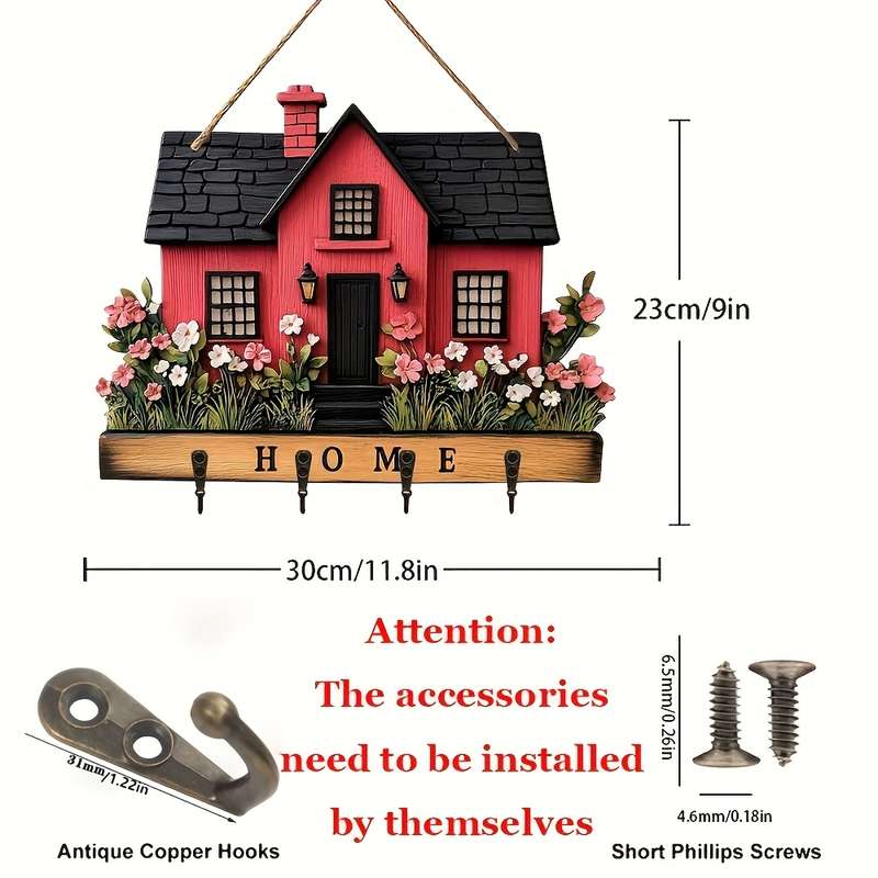 1pc romantic flowers and red house wooden key hanger key storage with hooks four-season multi-fun