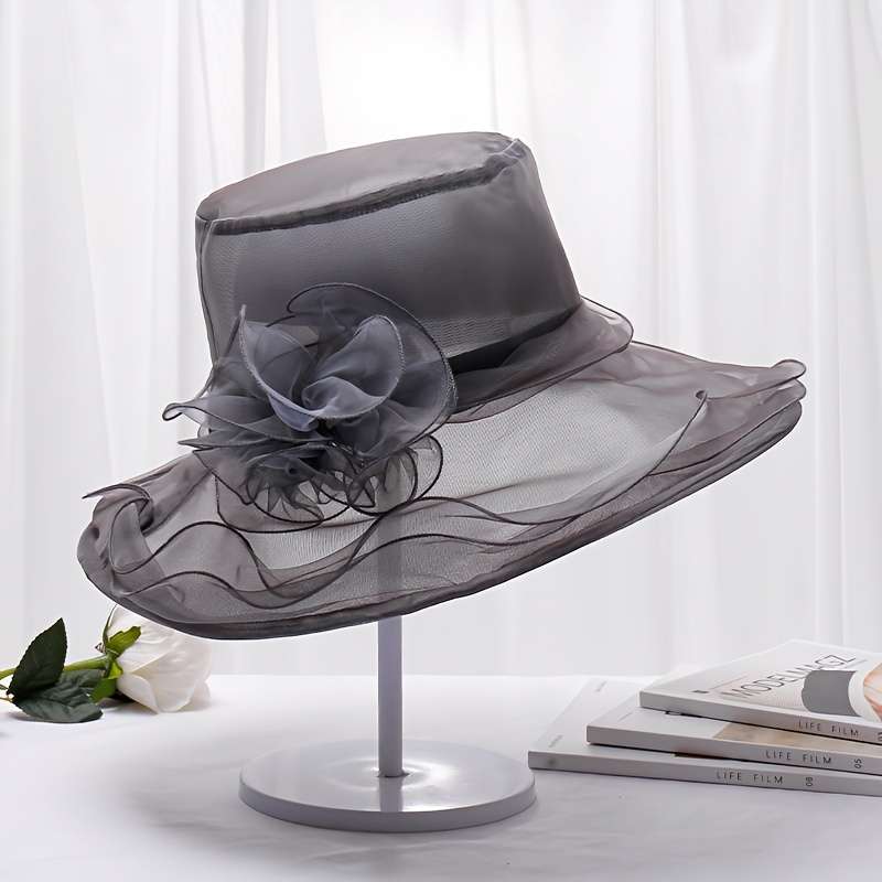 1pc Foldable Flower Organza Sun Hat Elegant Solid Color Mesh Breathable Travel Beach Hats British S
