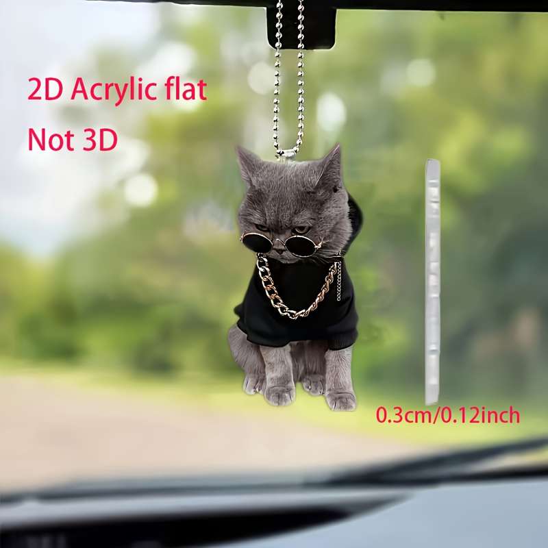 1pc 2D Flat   Stylish Acrylic Kitten Pendant with Glasses Chain Ideal for Car Mirrors Backpa