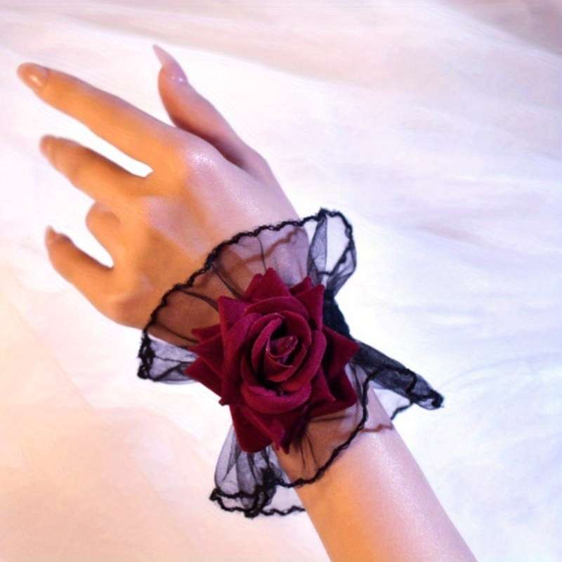 1 Pair Black Lace Rose Wrist Gloves