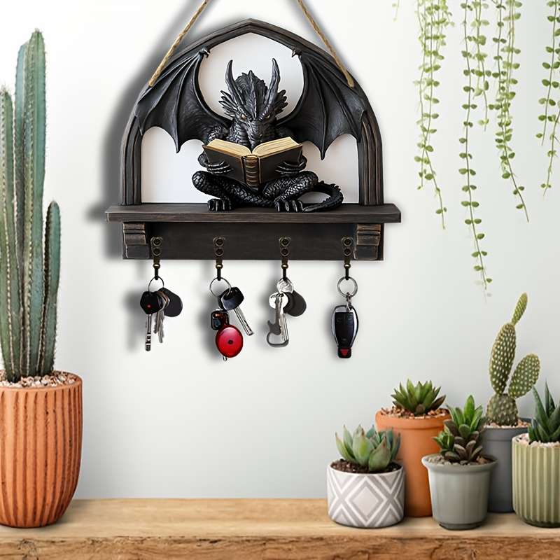 1pc Dragon-Shaped Wooden Key Holder with 4 Metal Hooks Easy Wall Mount Space-Saving Organizer for