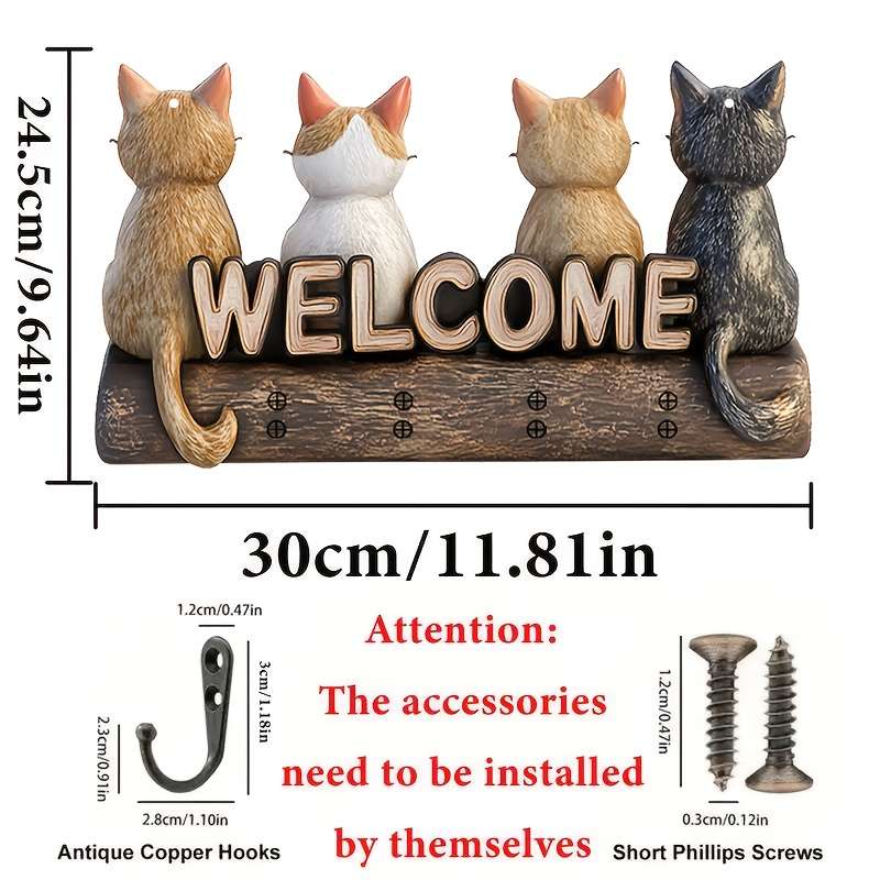 1pc Simple Colorful Wooden Kitten with Home Key Hanger with Four Metal Hooks 30.0cm x 23.5cm Wall