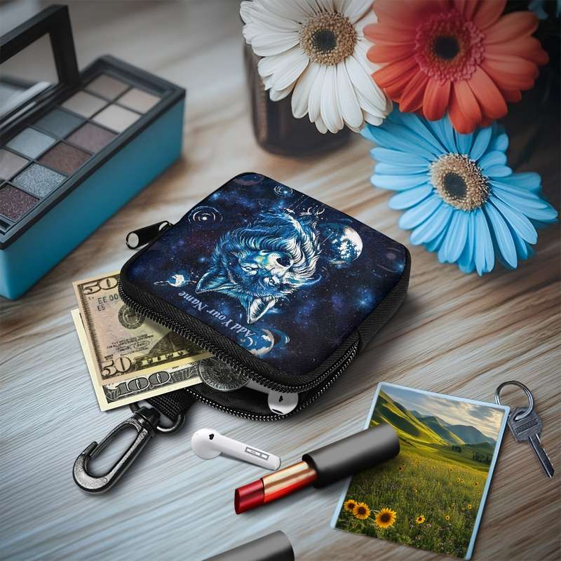 1pc Starry Arctic Wolf Coin Purse Customizable Name Black Polyester Mini Wallet with Keychai