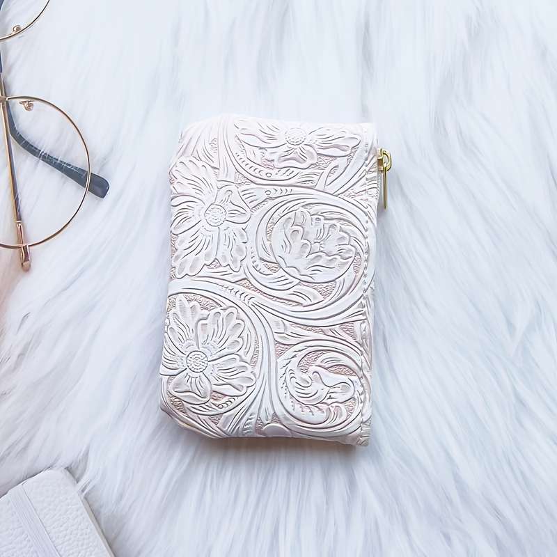 1pc Vintage Floral Embossed Faux Leather Coin Purse Fashion Hard Shell Zippered Key Pouch No