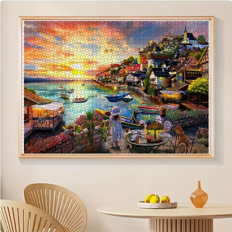 1000pcs Premium Jigsaw Puzzle for Adults Vibrant Coastal Harbor Scene with Boats