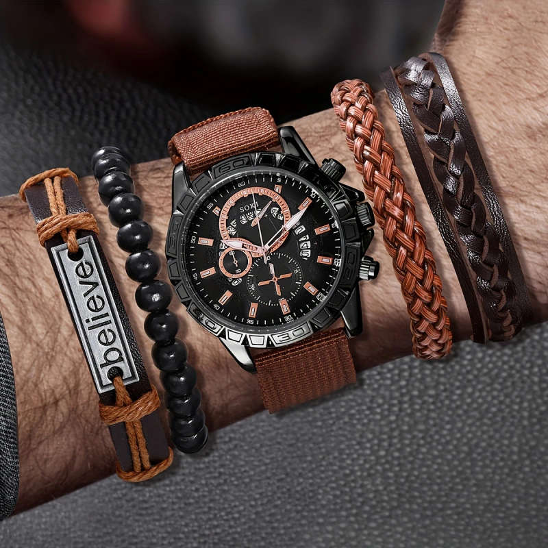 5pcs Set Men's Watch Fashion Casual Sports Calendar Round Dial Quartz Watch and Beaded Bracelet