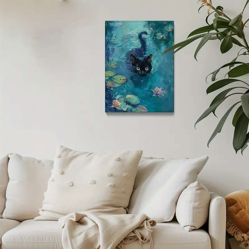 1pc Charming Black Cat in the Pond Canvas Art Wooden Framed Wall Decor for Living Room Bedroom Offic