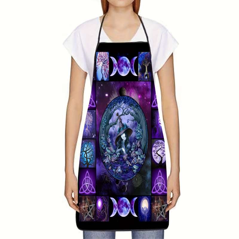 1pc Mystical Moon Phases Collage Printed Sleeveless Polyester Apron Vibrant Purple Black Blue
