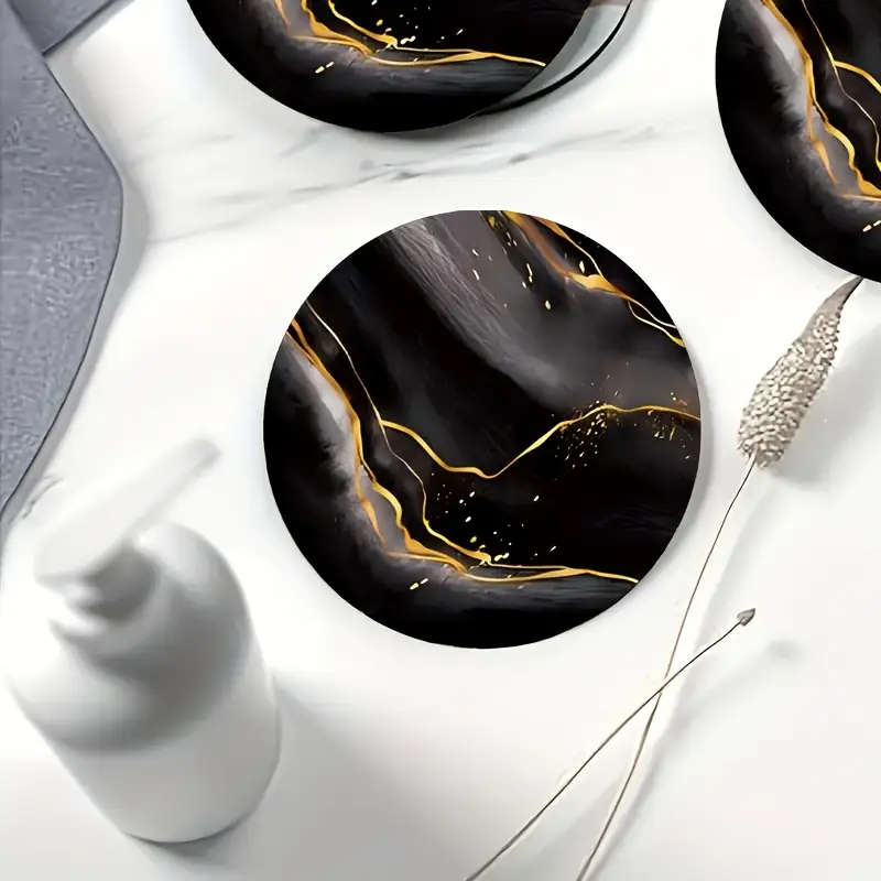 1Set of 6 Black And Golden Marble-Patterned Wooden Coasters Heat-Resistant And Perfect for Home Use