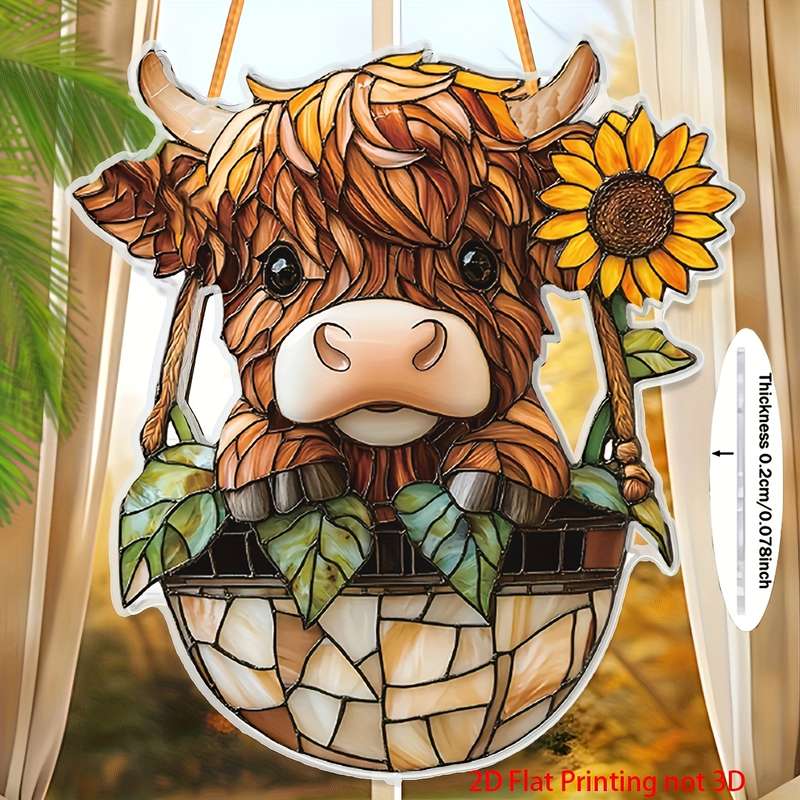 1pc 2D Flat  Highland Cow Acrylic Wall Pediment  Print Farmhouse Window Catchlight 7.1"x8" Ind