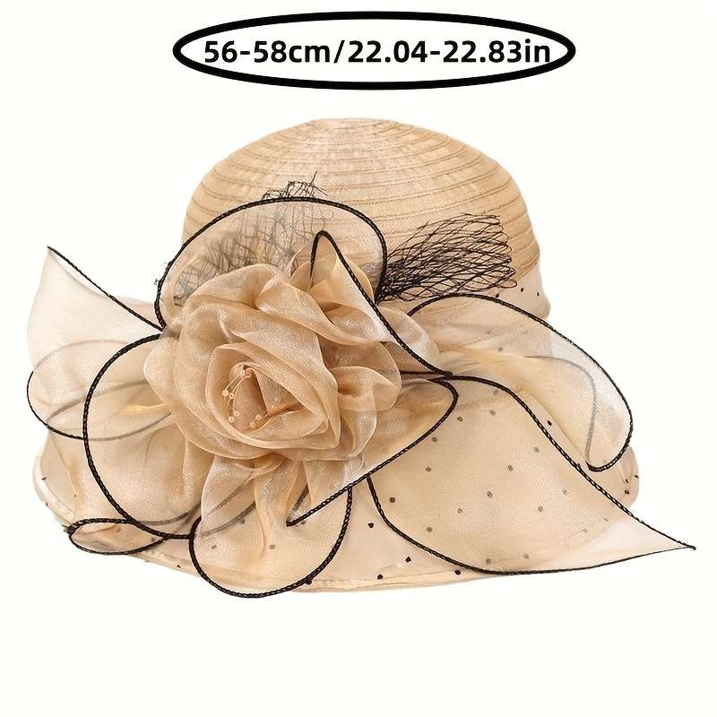 1pc Women's Wide Brim Floral Organza Sun Hat Beige with Black Mesh Flower Veil Breathable UV P