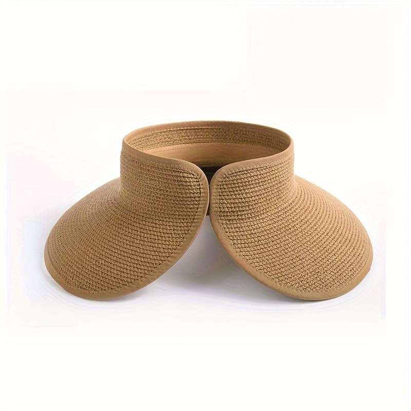 1pc Women'S Wide Brim Straw Sun Visor Hat Packable Foldable Summer Beach Travel Ponytail Hat