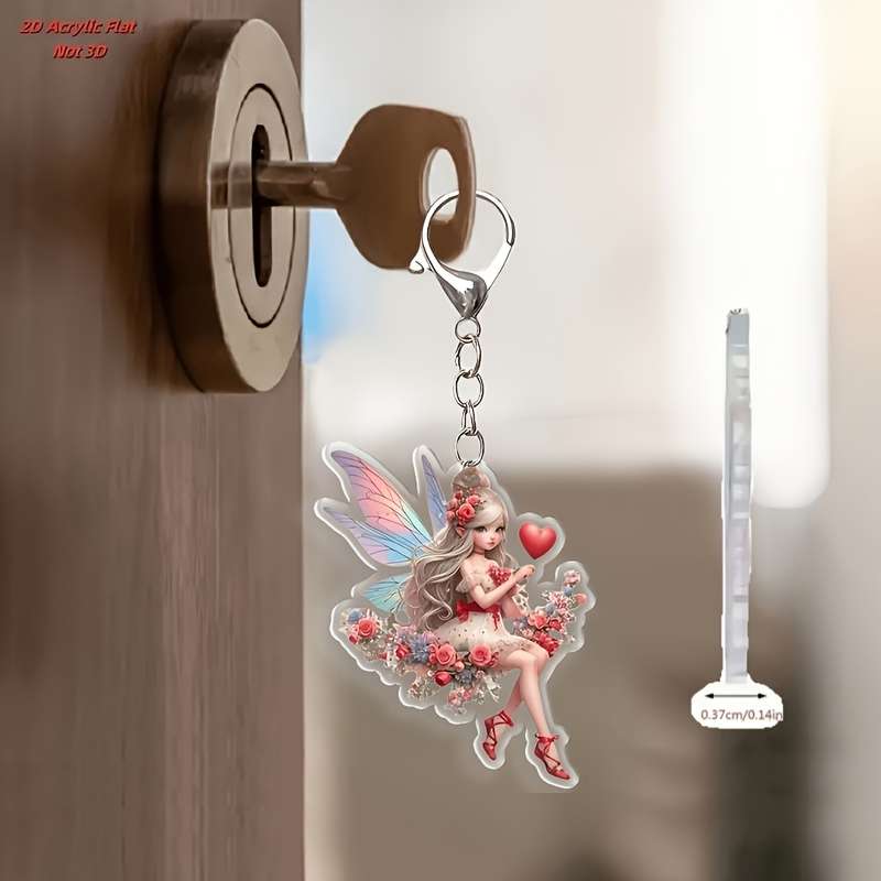 1pc 2D Flat  anime-style acrylic fairy keychain with heart and butterfly design floral wreath art d