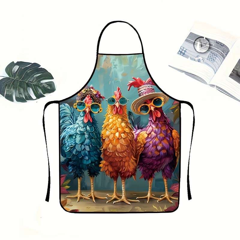 1pc Colorful Chicken Pattern Kitchen Apron   100% Polyester   Whimsical Rooster Design with Fashion