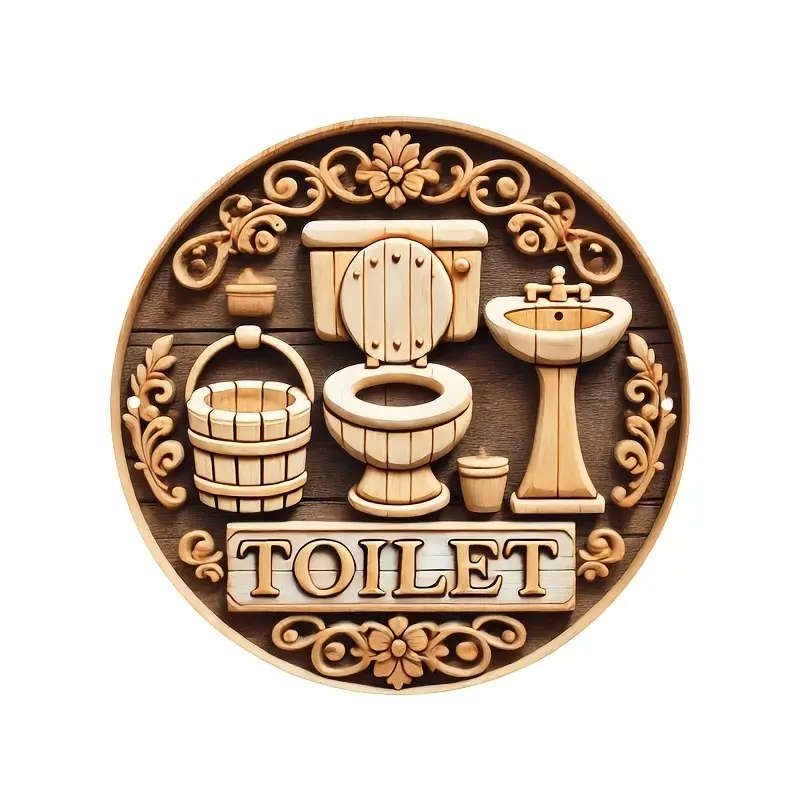 1pc Rustic Wooden Toilet Sign, 20.32x20.32 cm Round Wall Decor Bathroom Wall Art Wooden Wall Hanging