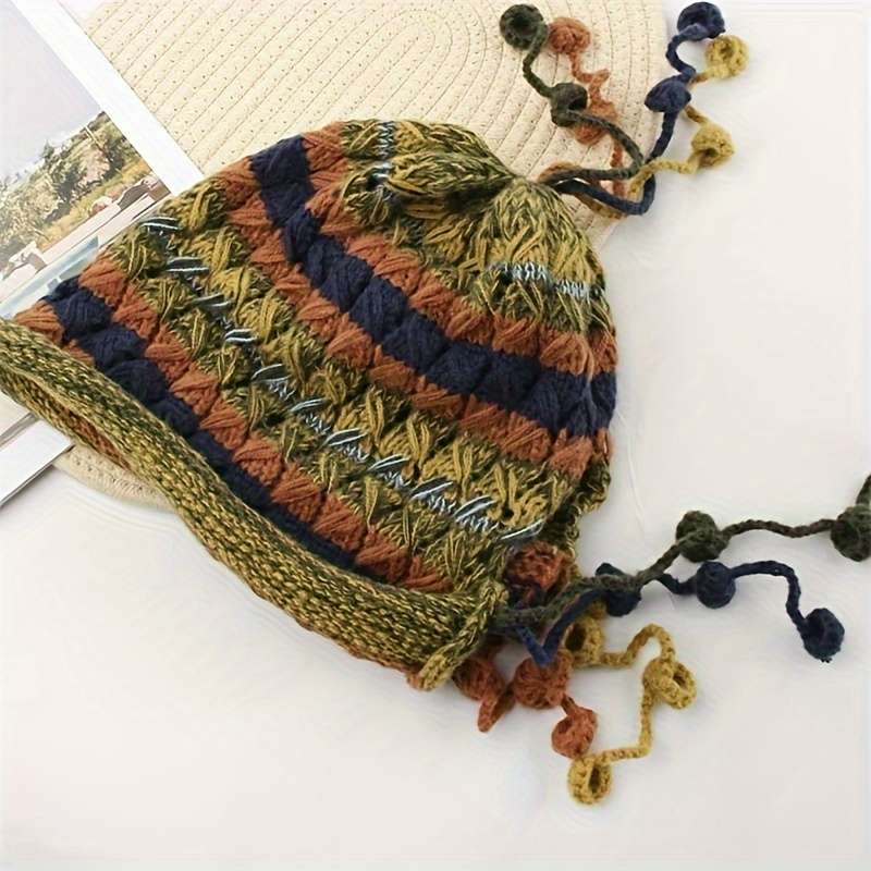 1pc New Autumn and Winter Bohemian Style Handmade Crochet Color Hat Thickened and Warm Dopamine K