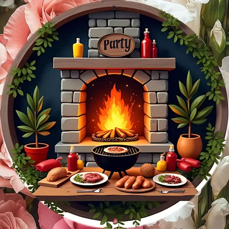 1pc 20.32x20.32cm Round Aluminum Sign Rustic BBQ Party Scene Wall Decor with Stone Fireplace Grill a