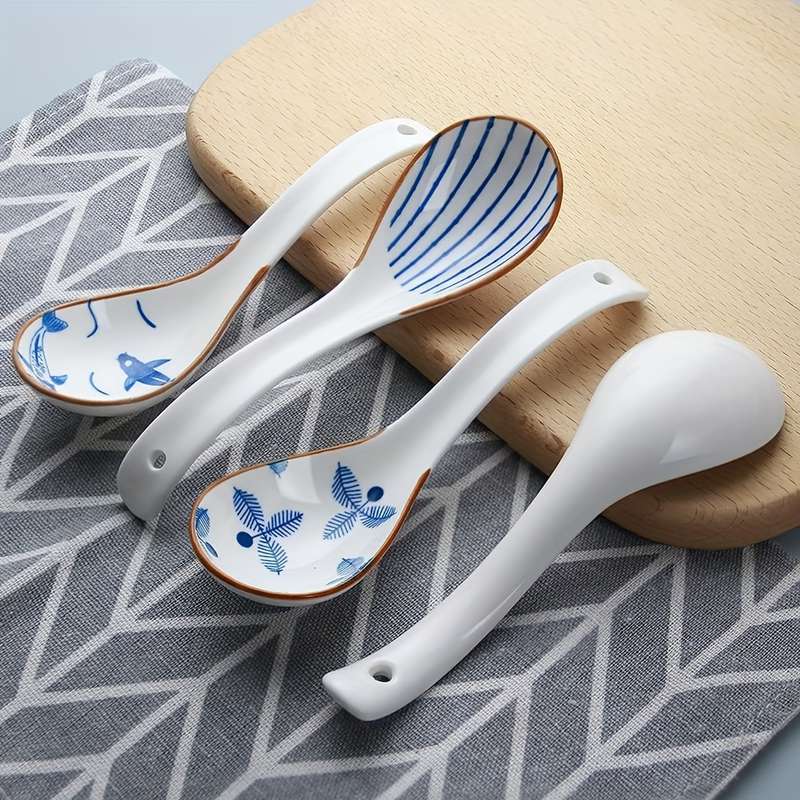 4pcs Blue White Ceramic Asian Soup Spoons 16.0cm Round with Elegant Floral Butterfly Desig