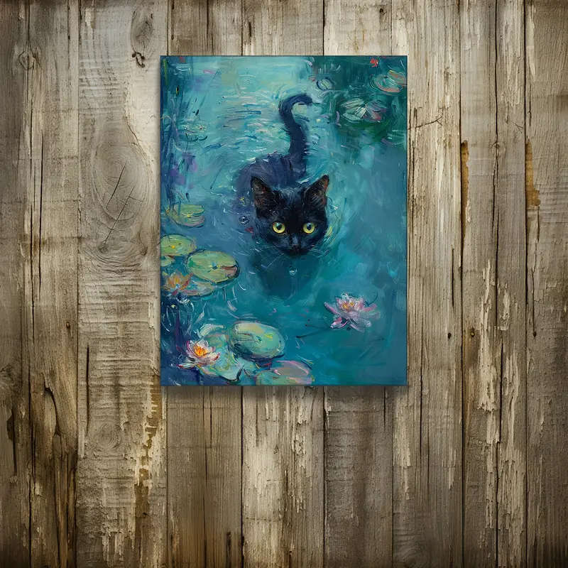 1pc Charming Black Cat in the Pond Canvas Art Wooden Framed Wall Decor for Living Room Bedroom Offic