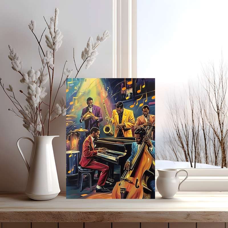 1pc  Jazz Band Poster with Wooden Frame 29.97x39.88 cm Vibrant Musicians Playing Saxophone T