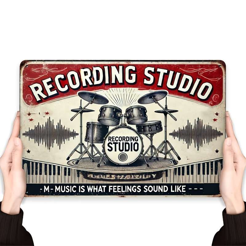 1pc  Vintage Recording Studio Metal Wall Sign 20.32x30.48 cm Retro Drum Set Microphone De