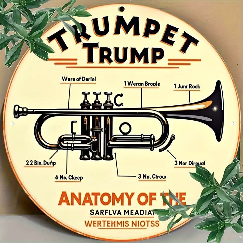 1pc Vintage Trumpet Anatomy Metal Wall Art Plaque 20.32cm Round Aluminum Decor Detailed Trumpet