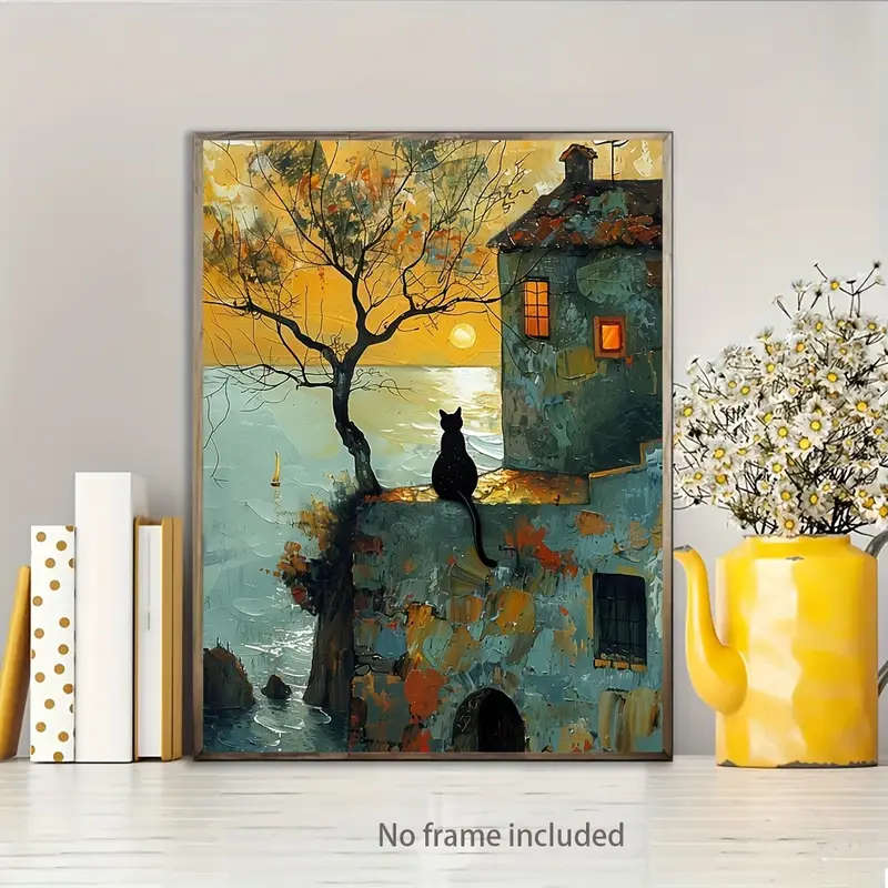 1pc Charming Black Cat Sunrise Canvas Art Painting 12x16 Inch